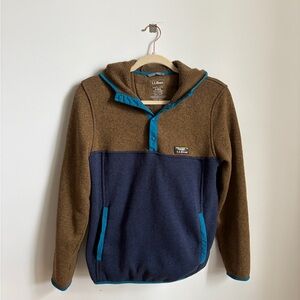 L.L. Bean Men's Brown and Blue Quarter Zip Fleece with Hood